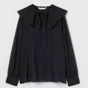 H&M Flounce Collared Ruffle Blouse Black Lightweight Long Sleeve Medium NWT